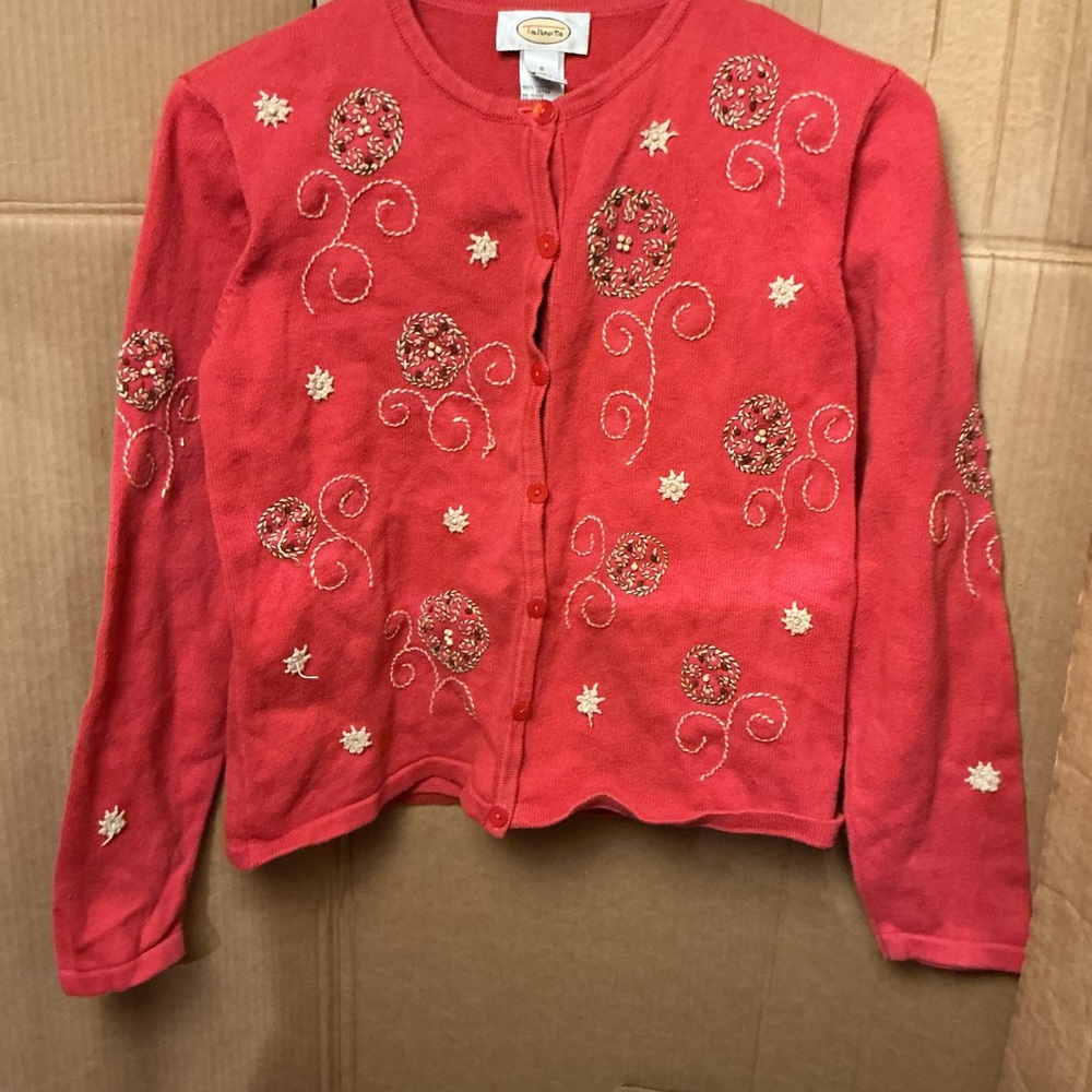Talbots Red Embellished Floral Cardigan